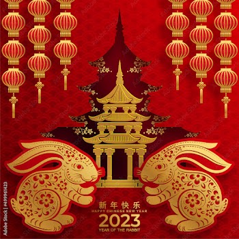 Happy chinese new year 2023 year of the rabbit zodiac sign with flower,lantern,asian elements gold paper cut style on color Background.