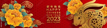 Happy chinese new year 2023 year of the rabbit zodiac sign with flower,lantern,asian elements gold paper cut style on color Background. (Translation : Happy new year)