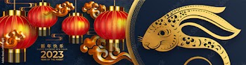 Happy chinese new year 2023 year of the rabbit zodiac sign with flower,lantern,asian elements gold paper cut style on color Background. (Translation : Happy new year)
