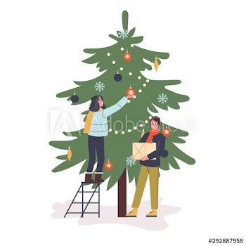 Happy couple decorate green christmas tree