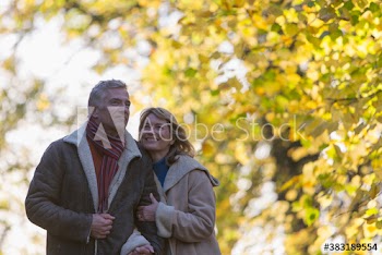 Happy couple walking arm in arm in autumn park