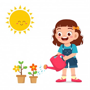 Happy cute little kid girl watering flower Free Vector