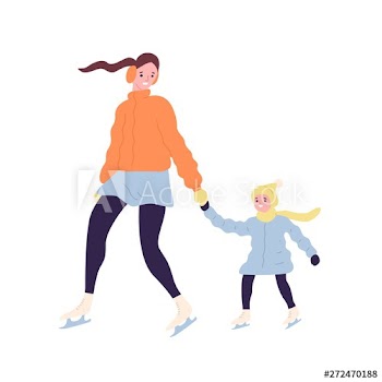 Happy cute mom and daughter on ice skates