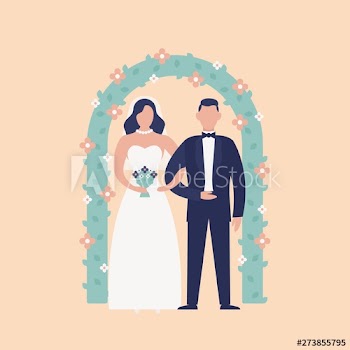Happy cute newlywed couple standing against floral arch
