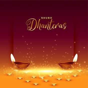 Happy dhanteras card with golden coin and diya Free Vector