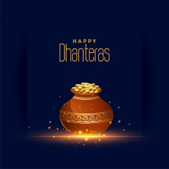 Happy dhanteras festival card with gold coin pot Free Vector