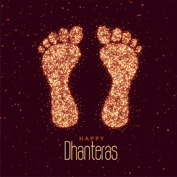 Happy dhanteras festival greeting with feet print Free Vector