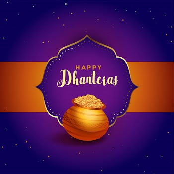 Happy dhanteras purple card with golden pot Free Vector