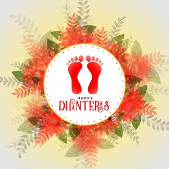 Happy dhateras flower card with lord lakshmi footprints Free Vector