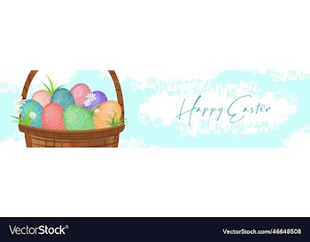 happy easter basket with colorful easter eggs