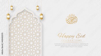 Happy Eid Arabic Elegant Luxury Ornamental Islamic Background with Islamic Pattern Border and Decorative Hanging Ornament