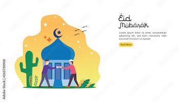 happy eid mubarak greeting concept with people character for web landing page template, banner, presentation, social, and print media. islamic eid fitr or adha flat design vector illustration.