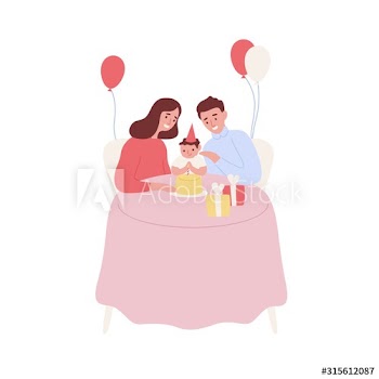 Happy family celebrating baby first birthday vector flat illustration