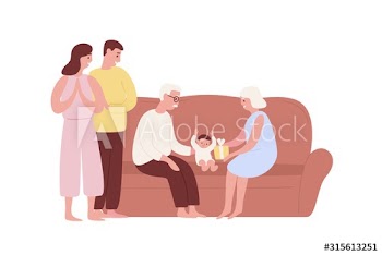 Happy family celebrating first baby birthday on comfy couch vector flat illustration