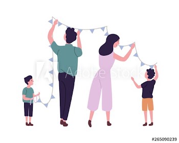 Happy family hanging flags or bunting garland on wall
