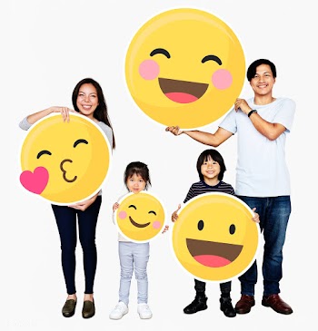 Happy family holding emoji icons | Free stock psd mockup - 490443