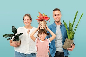 Happy family holding potted plants | Free stock photo | High Resolution image