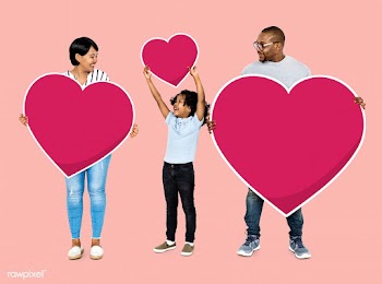 Happy family holding red heart icons | Free stock psd mockup - 490365