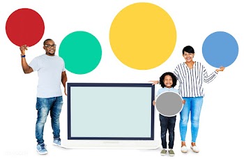Happy family holding round boards and a scree.. | Free stock psd mockup - 490680