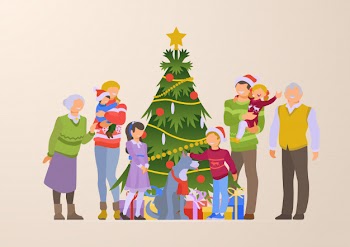Happy family near christmas tree and gift boxes flat illustration Free Vector