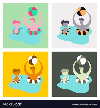Happy family on lifebuoy vacation together on the vector image