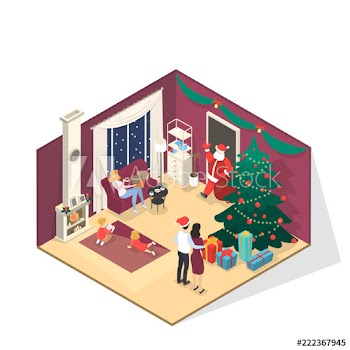 Happy family standing in room and greeting Santa Claus