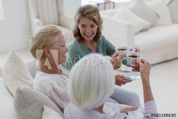 Happy female senior friends drinking tea in living room