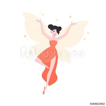 Happy flying fairy or elf in elegant gown isolated on white background