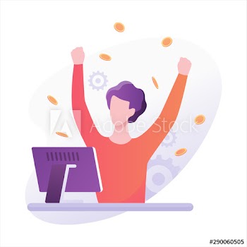 Happy freelancer character working at home