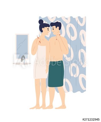 Happy funny man and woman brushing teeth