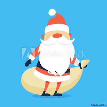 Happy funny Santa Claus holding bag with gifts
