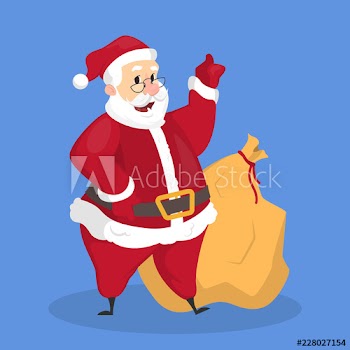 Happy funny Santa Claus holding bag with gifts