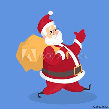 Happy funny Santa Claus holding bag with gifts