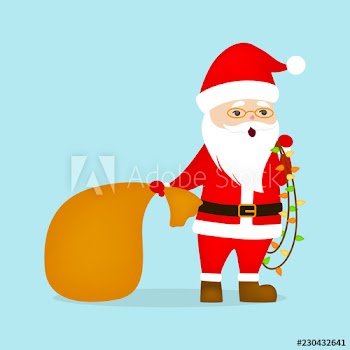Happy funny Santa Claus holding bag with gifts