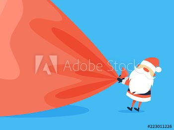 Happy funny Santa Claus holding giant bag