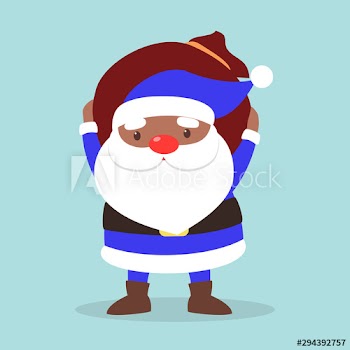 Happy funny Santa Claus in blue clothes holding big bag