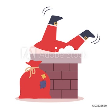 Happy funny Santa Claus in red clothes coming down a chimney