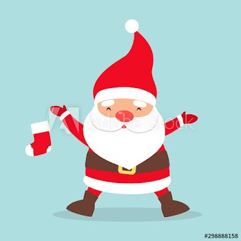 Happy funny Santa Claus in red clothes holding a Christmas sock