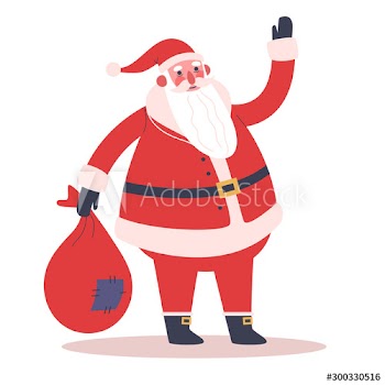 Happy funny Santa Claus in red clothes holding big bag with gifts