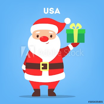 Happy funny Santa Claus in red clothes holding gift box