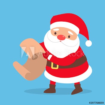 Happy funny Santa Claus in red clothes holding gift list