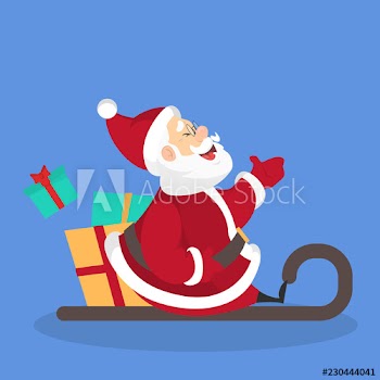 Happy funny Santa Claus in sledge with gift boxes