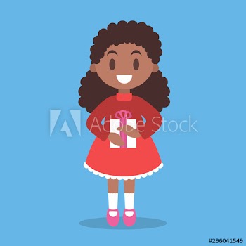 Happy girl child in red dress holding gift box