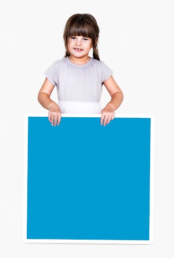 Happy girl holding an empty square board | Free stock psd mockup - 490674
