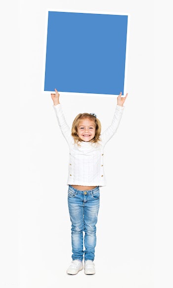 Happy girl holding an empty square board | Free stock psd mockup - 491884