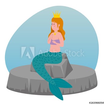 happy girl mermaid with crown in the stone