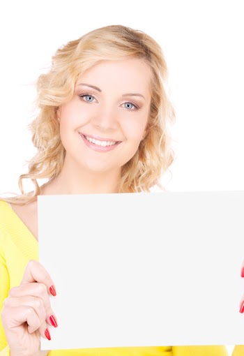 happy girl with blank board over white