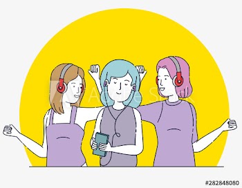 happy girls with modern headphones and smartphone