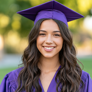 Happy Graduate Woman in Purple Cap and Gown