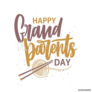 Happy Grandparents Day message written with cursive font and decorated by ball of yarn and knitting needles